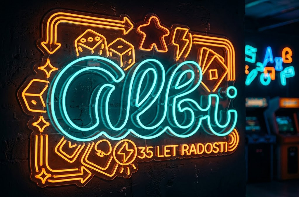 Neonový nápis Albi s textem 35 let radosti a herními symboly jako jsou kostky, karty a figurky