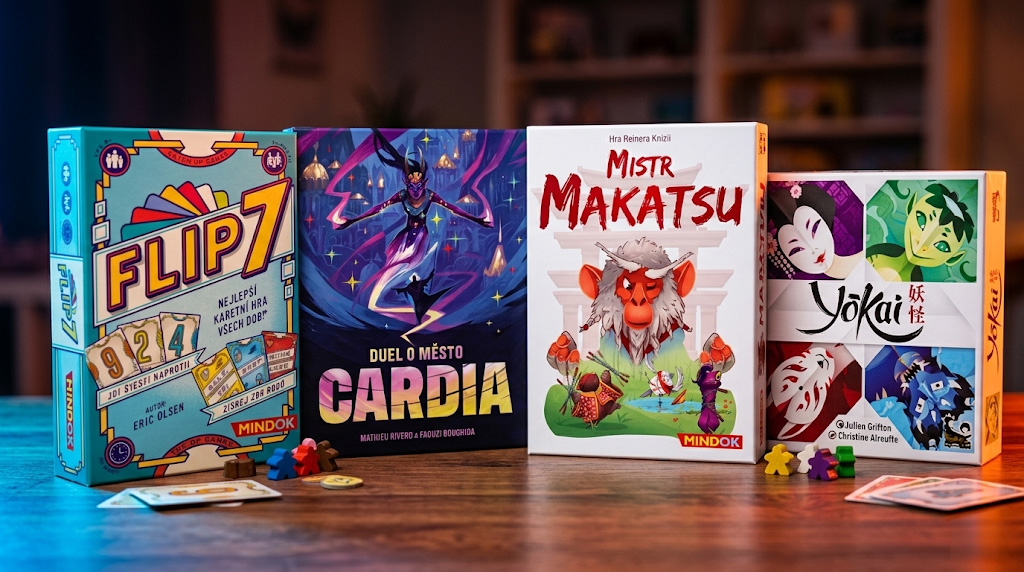 Čtyři krabice deskových her od Mindoku: Flip 7, Duel o město Cardia, Mistr Makatsu a Yōkai