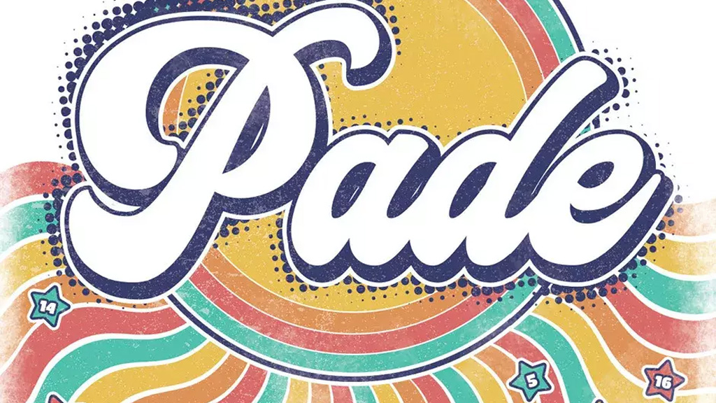 Nápis Pade v retro stylu na barevném vlnitém pozadí