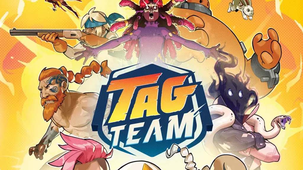 Logo TAG TEAM obklopené skupinou různorodých akčních postav v kresleném stylu